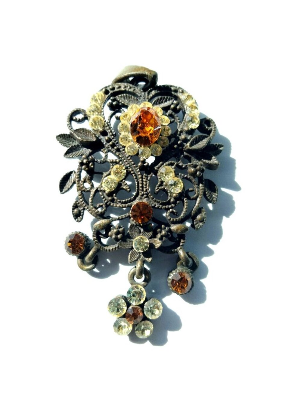 Vintage Ornate Filigree Pendant Amber Yellow Rhinestones Intricate Floral Design